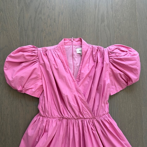 ARIAS Pink Poplin Gathered Shoulder Midi Puff Sleeve Dress - Size 0 - Picture 4 of 11